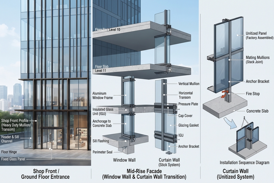 Profil aluminium shop front, window wall & curtain wall